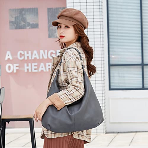 Image of Hobo Bags for Women Soft PU Leather Shoulder Bag Grey Slouchy Handbag