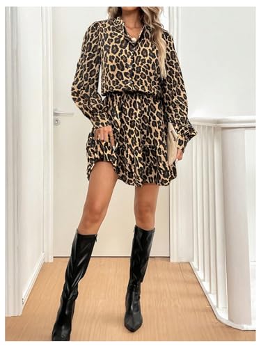 Floerns Women's Graphic Print Lantern Sleeve Button Shirt Dress Ruffle Hem Short Dress2