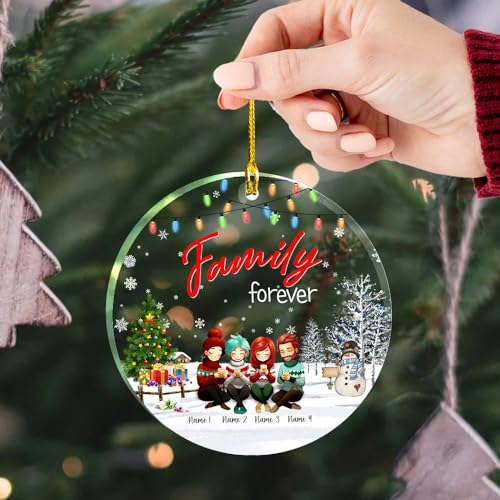 Forever Quote Clear Plastic Ornaments, Christmas Decorations Personalized Name Mom Dad Two Girls with Sweater and Chocolate Cup on Flat Acrylic Ornaments, Gifts for Family Mom Dad Daughter3