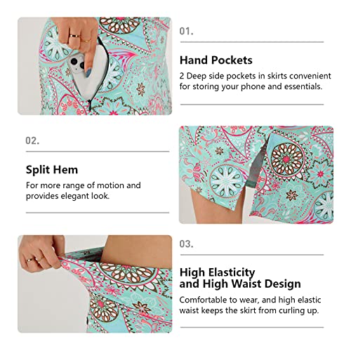 Women's Casual Print Side Split High Waist Zipper Midi Skirt Light Green M #TOP2