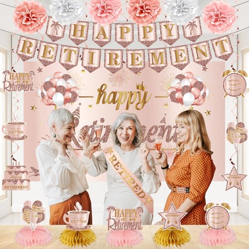 Image of Kuxriox 20PCS Retirement Party Decorations Kit for Women, Pink Rose Gold Retirement Backdrop Balloons Honeycomb Centerpiece Swirl Paper Pompoms Party Supplies, Retired Sash Table Topper Swirls Set