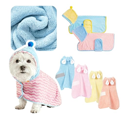 ペット用吸水バスタオル (ブルー×ピンクストライプ, Sサイズ) 犬・猫用 柔らかい素材で毛を傷つけない 丈夫で長持ち プレゼントにも最適