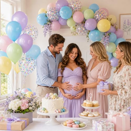 Image of Pastel Balloons, 60Pcs Colorful Balloon, 12 Inch Latex Pearl Yellow Purple Pink Blue Green Multicolor Confetti Balloons Helium for Kids Baby Shower Birthday Wedding Easter Pastel Party Decorations
