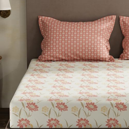 Image of Layers 100% Cotton King Size Bedsheet Set | White & Pink Floral Print | 120 TC Forever Collection | Soft & Breathable | Washable Bedsheet with 2 Pillow Covers | All Season