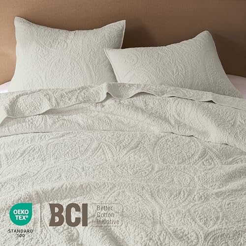Image of palassio Beige Paisley 100% Cotton Quilt Queen Size Bedding Sets with 2 Pillow Shams, Boho Floral Lightweight Farmhouse Country Vintage Soft Bedspread Shabby Chic Coverlet for All Season, 3 Pieces