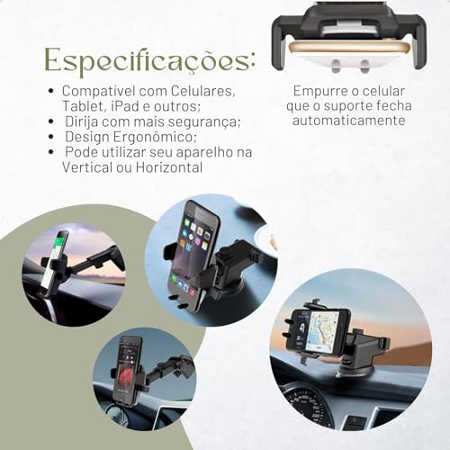 Suporte Veicular Universal para Celular GPS Trava Automática Giratório 360° Ventosa que Gruda Painel