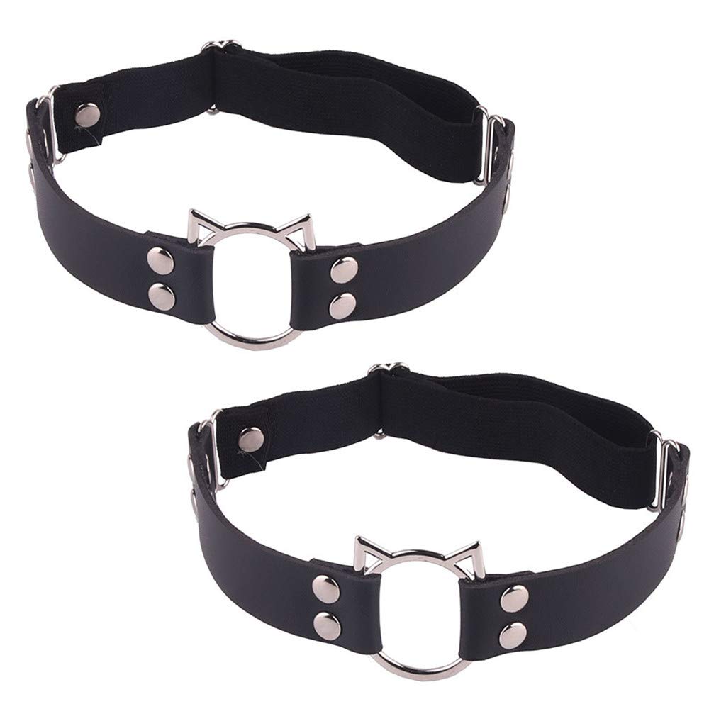 Outman Women's 2 Pcs Black Cat Adjustable Elastice 2 Rows Leather Leg Harness Garter Belt Punk Gothic Thigh Ring Garter, One Size