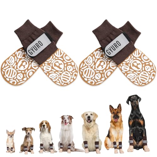 GYURO 2Pairs Anti Slip Dog socks paws stop licking,Dog Boots&Paw Protector for Hardwood Floors Anti Slip,Traction Control No Twist Grip Booties for Small Medium Large Senior Dogs (Khaki