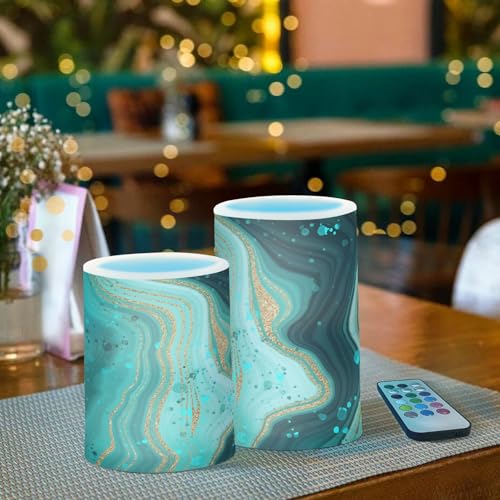 Image of Eionryn Gold Marble Green Flameless Candles Turquoise Teal Battery Operated LED Candles with Remote Timer Electric Candles for Home Party Decor 2pcs