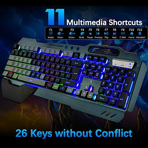 Wireless gaming Keyboard and Mouse,Rainbow Backlit Rechargeable Keyboard Mouse with 3800mAh Battery Metal Panel,Removable Hand Rest Mechanical Feel Keyboard and 7 Color Gaming Mute Mouse for PC Gamers - 2