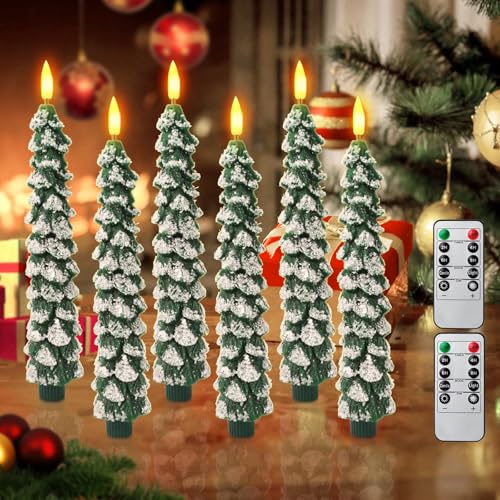 Image of Flameless Candles with Remote - 6 Pack Christmas Tree Candles, Battery Operated Snowy Tree Design, 3D Flickering Flame, Safe Holiday Home Decor for Christmas Decorations & Gifts
