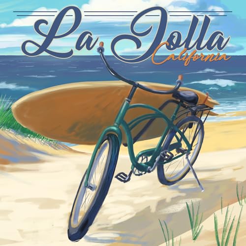 Lantern Press La Jolla, California, Beach Cruiser on Beach (Absorbent Ceramic Coasters Set of 4 Matching Images, Cork Back, Kitchen Table Decor)