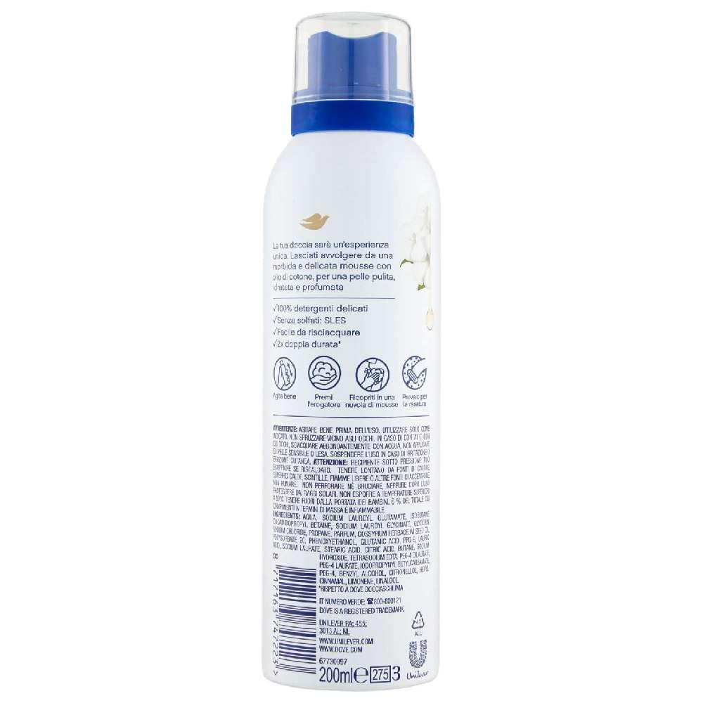 Dove Mousse Gel de Ducha Hidratante con Aceite de Algodón Suavidad y Nutrición 24 Horas - 5 Botellas de 200 ml