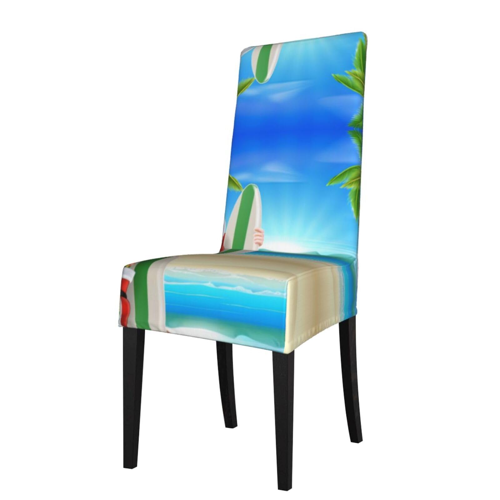 HLSBSSL Santa Claus With The Beach And Surfboard Printed dining chair covers, wrinkle-resistant and iron-free, suitable for hotels, banquets, and conferences