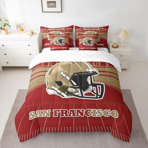 Feelyou Boys Football Comforter Set with Sheets,American Football City San Francisco 7 Piece Bedding Set King Size,Football Sports Game Bed in a Bag,Ball Fans Gifts Bed Set