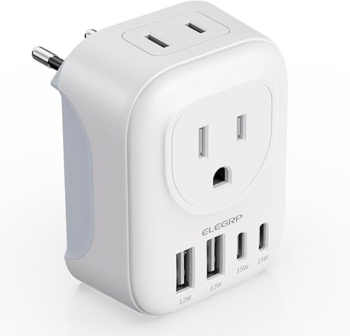 ELEGRP Adaptador de enchufe de viaje europeo, convertidor de adaptador de enchufe de EE. UU. a Europa con dos puertos USB-A y dos puertos USB-C,