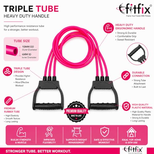 Image of Fitfix Triple Tube 20kg Pink Colour 45 lbs Resistance Band with Handles - Heavy Duty Exercise Tube for Home Gym, Strength Training, Yoga, Stretching & Full Body Workout Equipment for Men & Women