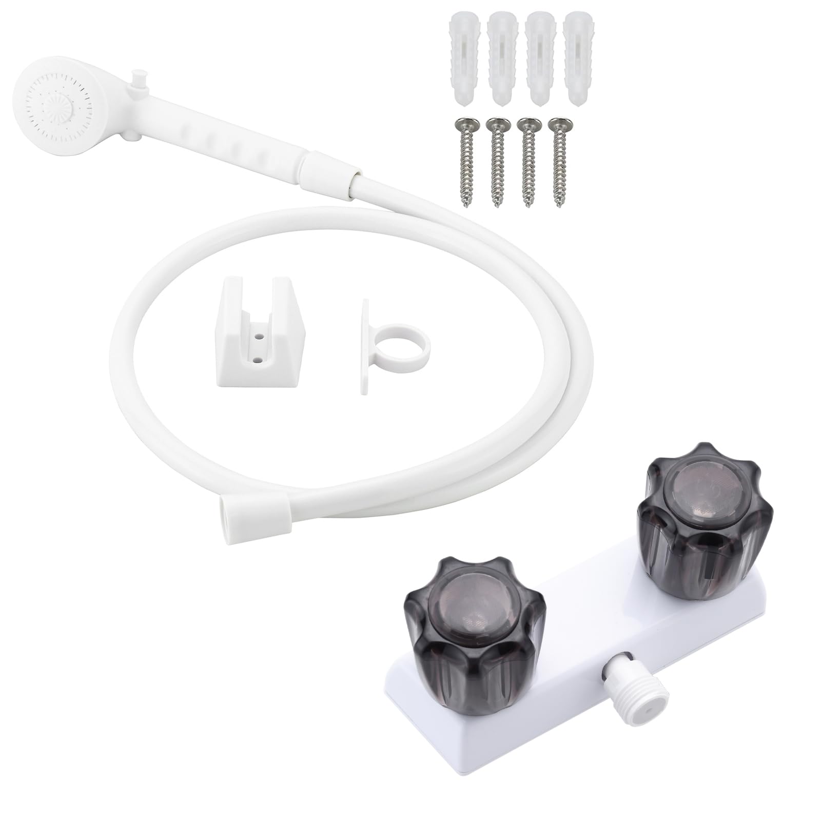 RV Shower Faucet with Hose and Head, RV Outdoor Shower Kits, RV Tub Faucet with Shower Diverter Outdoor Shower Kit Fits for RV/Campers,Travel Trailer,Motorhome (Shower Faucet Kit, White + Gray Knob)