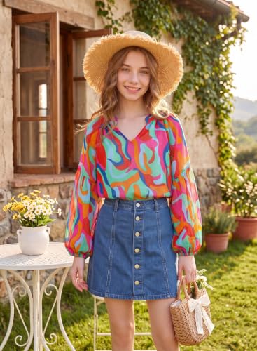 Image of blibean Girls Flower Bell Long Sleeve Blouse Fall Floral Shirts 4-15 Years