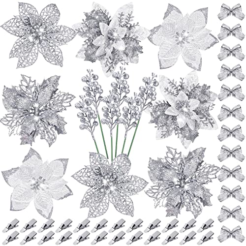 30 piezas de flores artificiales de Pascua de Navidad con tallos de flores de Navidad para corona de árbol de Navidad, decoraciones de boda Cover