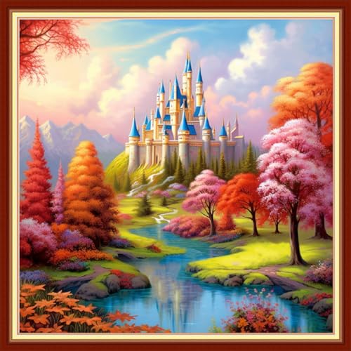Image of Redxing Stamped Cross Stitch Kits Full Range of Embroidery Starter Kits- Needlepoint Counted Cross Stitch Kits for Beginner Adults 11CT Printed Embroidery Kit-Magic Castle 18x18 inch