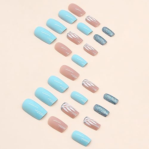 Miniatura 2 de 24 piezas de uñas postizas cuadradas medianas a presión, uñas postizas color azul claro con diseños de lentejuelas, uñas artificiales de hojas