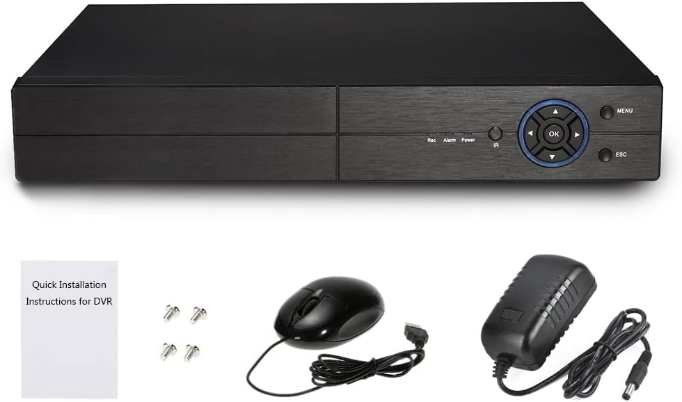 Image of Splenssy DVR package contents including the DVR unit, power adapter, USB mouse, and user manual.