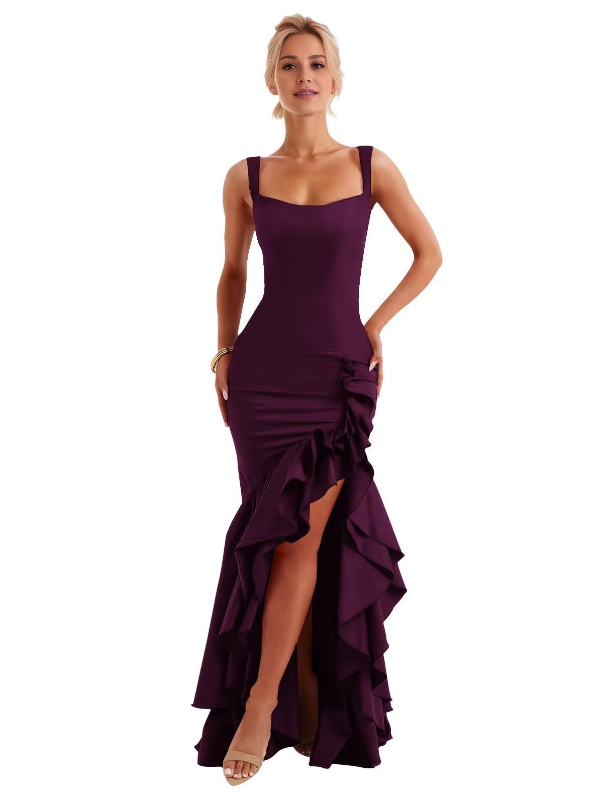 Long Mermaid Prom Dresses for Women Ruffle Formal Evening Party Gown with Slit