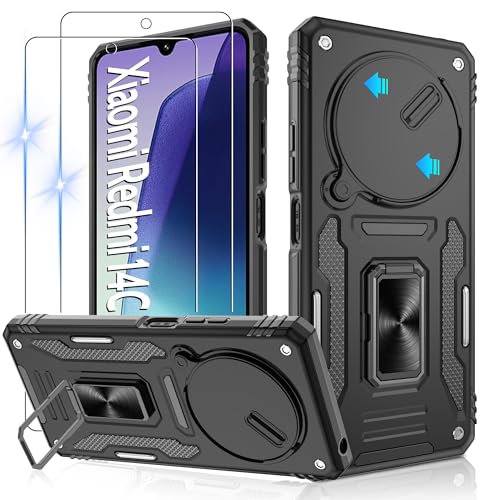 Jshru Handyhülle für Xiaomi Redmi 14C/ Poco C75 Hülle Kameraschutz Slide mit 2 Stück Schutzfolie Militärische Stoßfest Schutzhülle 360 Metall Ring Ständer Case für Redmi 14c Schwarz