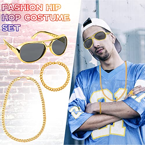 Dreamtop 8Pcs Hip Hop Costume kit 80s 90s Hip Hop Fancy Dress Rapper Fancy Dress Accessories with Disco Gold Dollar Sign Necklace Bracelet Rings Earrings Sunglasses for Women Men Hippie - Image 3