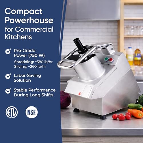 Image of Tartle Kitchen 750W Electric Vegetable Chopper - Commercial Food Processor with Continuous Feed, Dual Feed Openings, 5 Discs for Slicing, Shredding, & Grating - Restaurant-Grade, NSF & ETL Certified