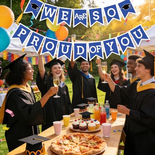 Image of Blue We Are So Proud Of You Banner Congrats Grad Cap Bunting Flag Grad Party Decoration Idea