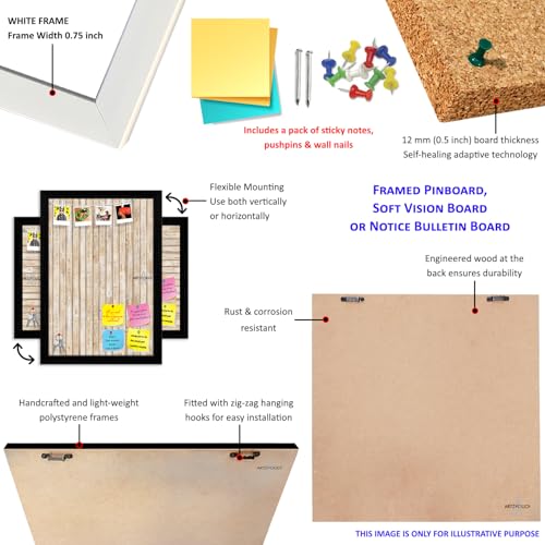 Image of ArtzFolio Cork Board | Bulletin Board Notice Pin Board | Vision Soft Board Combo with Thumb Push Pins & Sticky Notes | White Frame | 12 x 18 inch (30 x 46 cms)
