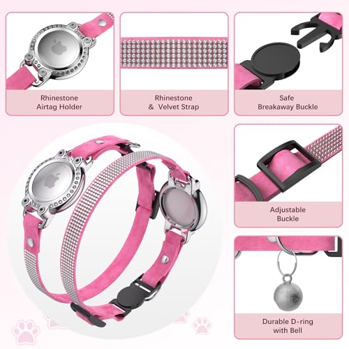 Image of AirTag Cat Collar Breakaway, Rhinestone Velvet Cat Collars with Air Tag Holder and Bell, Adjustable Comfortable GPS Tracker Cat Collar for Girl Boy, Kittens, Puppies(Pink)