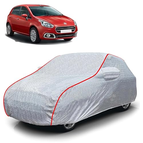 Image of Sulfar 100% Waterproof Car Body Cover Compatible with Mirror for Fiat Punto (Triple Stitched, Full Bottom Elastic, Magic Silver with Red Piping)
