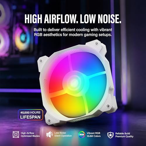 Image of Geonix Luma 120mm FRGB Cabinet Cooling Fan | Hydraulic Bearing | 1100 RPM | Molex + 3 Pin Connector | 9 Blade High Airflow PC Fan | White