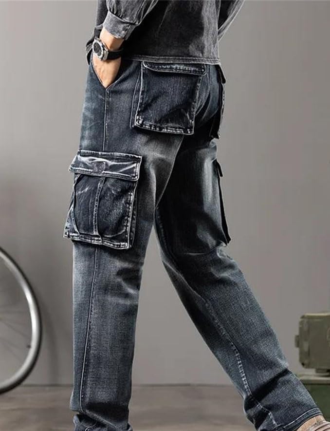 Men Outdoor Work Jeans Wide Leg Multi Pocket Denim Pants Straight Fit Casual Loose Fit Trousers4