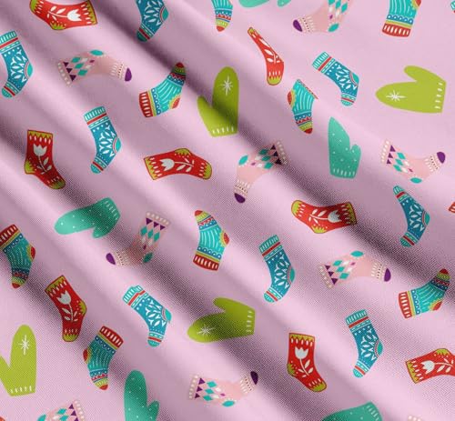 Image of Soimoi Pink Cotton Voile Fabric Socks & Gloves Folk Art Printed Fabric 1 Meter 42 Inch Wide