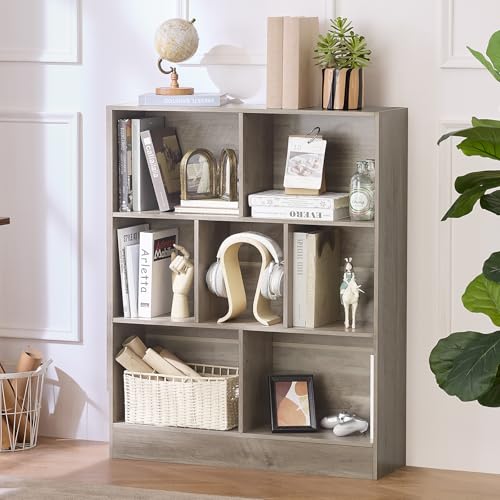 LEYAOYAO 8 Cube Bookshelf with Base,3 Tier Mid-Century Modern Grey Bookcase,Standing Wide Bookshelves Storage Organizer Shelf,Rustic Wood Display Cabinet Book Shelves for Bedroom,Living Room