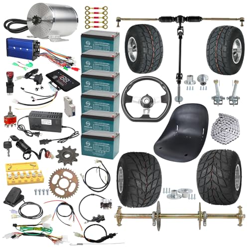 YC Yier 32 Complete Go Kart Rear Axle Kit Steering Parts & 72V 3000W Electric Motor Kit & 5 Wheels Tires & Go Cart Seat for Upgrade DIY Drift Trike Dolly Cart ATV Quad Buggy 4 Wheelers