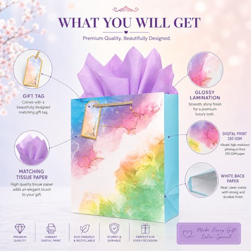 Image of Flora Paperbags | Paper Bags for Gifting - Pack of 5 | Gift Bags with Handles for Return Gifts, Wedding, Birthday, Baby Shower, Diwali & Corporate Gifting | Medium Size 30 x 23 x 9 cm | Paper Gift Bags