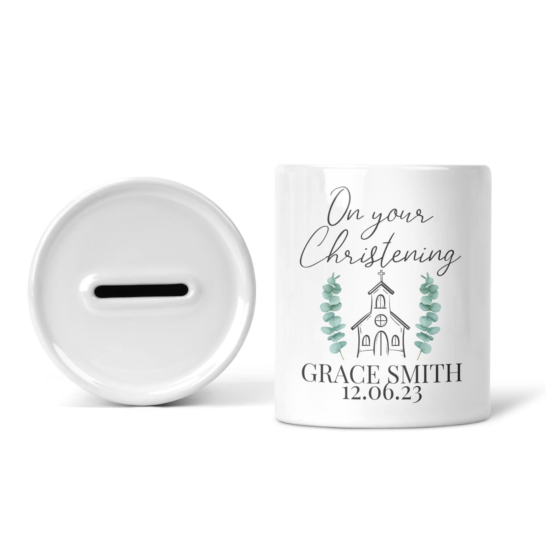 The T Bird Gifts Limited Women's White Personalised Christening Money Box | Baptism Gift | Religious Gift | Confirmation Gift | Baby Girl Gifts | Baby Boy Gifts | Christening Present