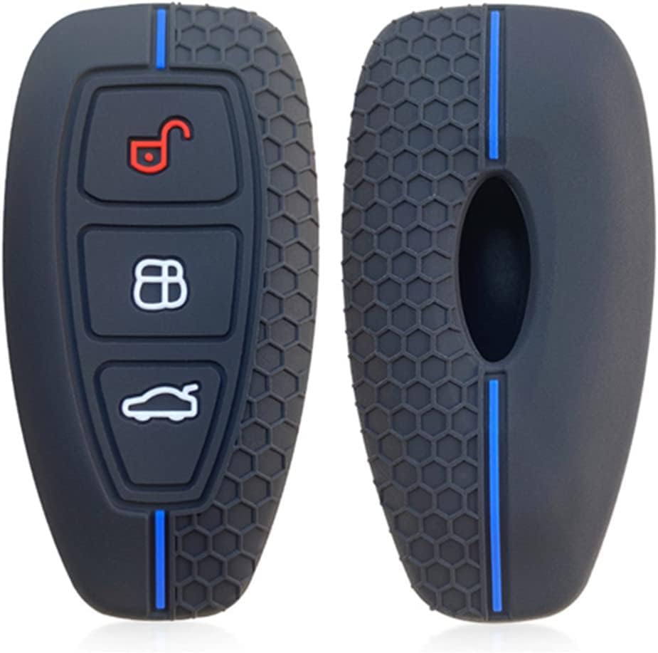 ARZER Otai Silicone Car Key Cover Case Compatible with Ford Focus Kuga accessories Soft Car Key Shell 3 Buttons (Black blue Line)