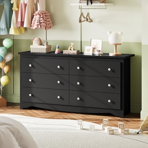WLIVE Black Dresser with 6 Drawer, 59" Wide Chest of Drawers for Bedroom, Wood Long Nightstand with Drawers, Modern Large Storage Tower Unit, Closet Store Organizer for Living Room