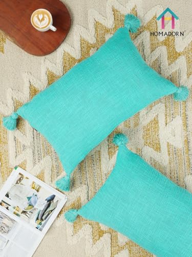 Image of HOMADORN Luxury Cotton Handmade Decorative Boho Throw Pillow Covers with Tassels for Sofa Couch Living Room Indoor Outdoor Chair Car Farmhouse (12X20 INCHES (Rectangle), Turquoise (Pack of 2))