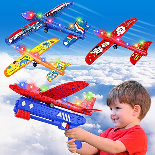 Super Joy 3 Pack Airplane Launcher Toys - Foam Airplane Toy Led Glider Catapult Plane 2 Flight Modes Flying Toy For Kids Gift Boys Girl 3 4 5 6 7 8 9 10 Years Old Outdoor Sport Party #TOP6