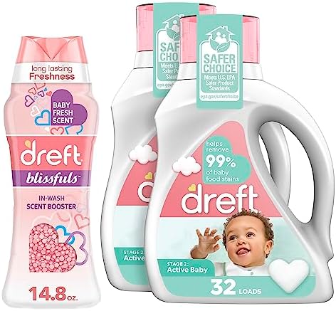 Dreft Stage 2: Active Baby Hypoallergenic Laundry Detergent Liquid Soap, 64 Total Loads, 46 fl oz (Pack of 2), with Dreft Blissfuls Laundry Scent Booster Beads for Washer, Baby Fresh, 14.8 oz