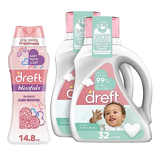 Dreft Stage 2: Active Baby Hypoallergenic Laundry Detergent Liquid Soap, 64 Total Loads, 46 Fl Oz (Pack Of 2), With Dreft Blissfuls Laundry Scent Booster Beads For Washer, Baby Fresh, 14.8 Oz #TOP30