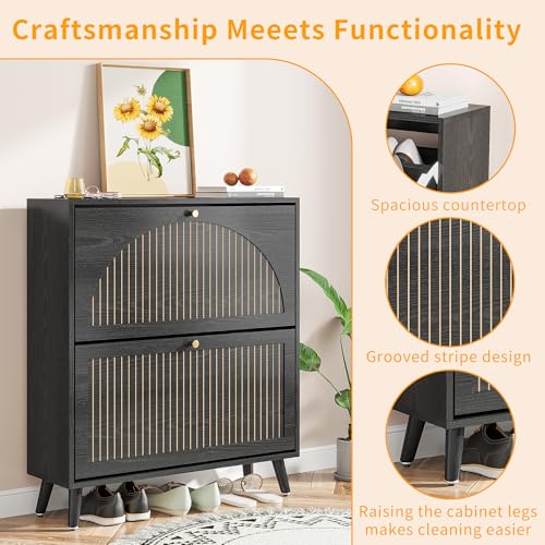 Shoe Storage Cabinet for Entryway with 2 Flip Drawers, Narrow Wood Shoe Cabinet with Fluted Panel, Freestanding Hidden Shoe Organizer for Foyer, Hallway (Black - with Shelf)