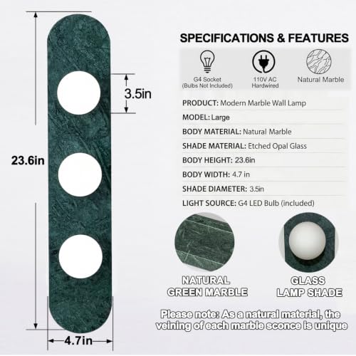Image of Modern Green Marble Wall Sconce, Natural Stone Wall Lamp with Etched Opal Glass Shade, Mid-Century Minimalist Hardwired Wall Light for Bathroom Vanity, Bedroom, Living Room, Hallway 23.6in